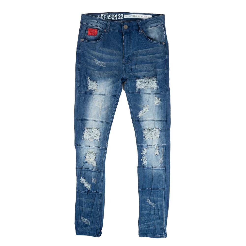 Reason Brand Men's Slim Skinny Fit Stretch Moto Jeans in Blue Distressed